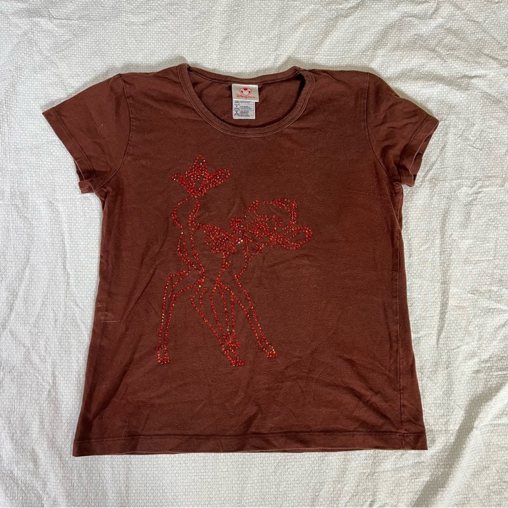 Disney Bambi Cotton Brown T-Shirt with Red Jewel Design Size Small